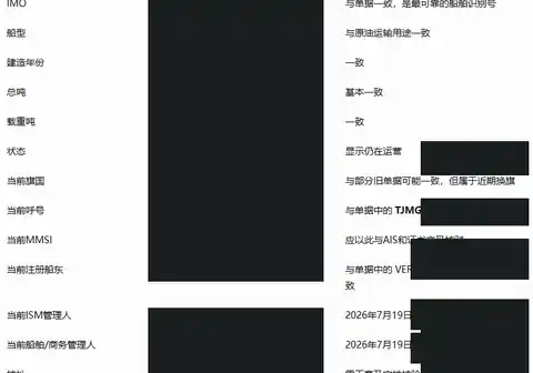 Redacted vessel registry comparison showing current ownership and management fields