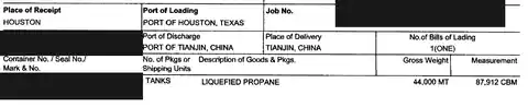 Redacted LPG bill of lading extract showing route, cargo type and quantity