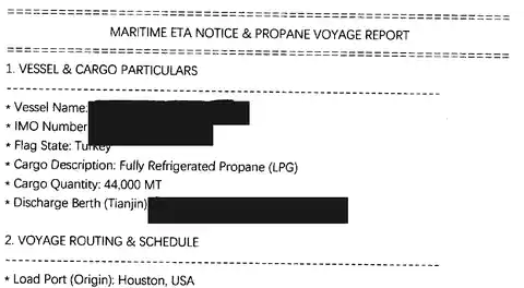 Redacted LPG voyage report extract showing the claimed Turkey flag and cargo details